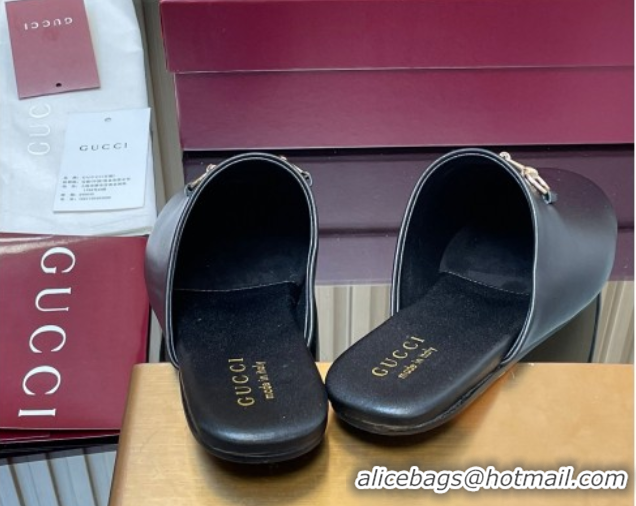 Low Cost Gucci Leather Flat Mules with Horsebit Black 849565
