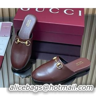 Popular Style Gucci Leather Flat Mules with Horsebit Dark Brown 2025 849565