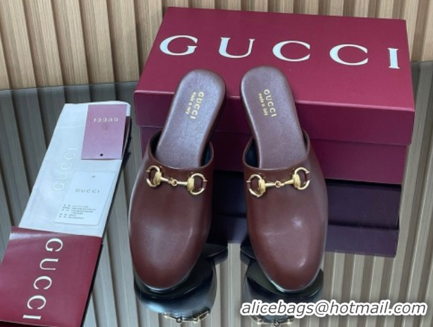 Popular Style Gucci Leather Flat Mules with Horsebit Dark Brown 2025 849565