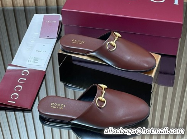 Popular Style Gucci Leather Flat Mules with Horsebit Dark Brown 2025 849565