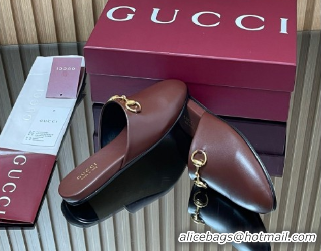 Popular Style Gucci Leather Flat Mules with Horsebit Dark Brown 2025 849565