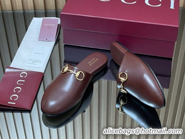 Popular Style Gucci Leather Flat Mules with Horsebit Dark Brown 2025 849565