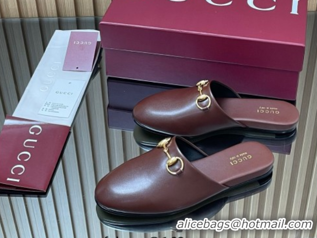 Popular Style Gucci Leather Flat Mules with Horsebit Dark Brown 2025 849565