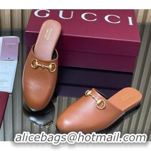Low Price Gucci Leather Flat Mules with Horsebit Tan Brown 2025 849565
