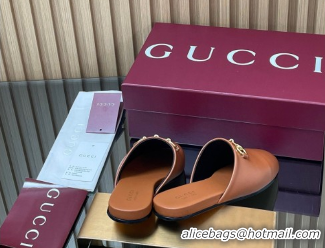 Low Price Gucci Leather Flat Mules with Horsebit Tan Brown 2025 849565