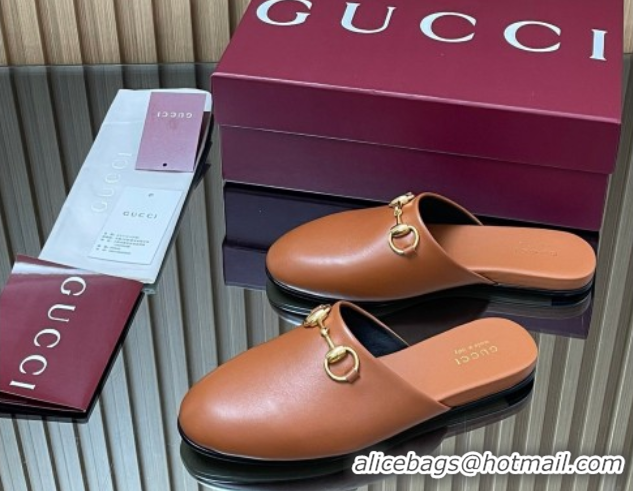 Low Price Gucci Leather Flat Mules with Horsebit Tan Brown 2025 849565