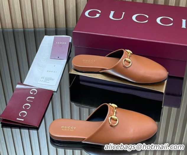 Low Price Gucci Leather Flat Mules with Horsebit Tan Brown 2025 849565