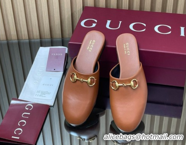 Low Price Gucci Leather Flat Mules with Horsebit Tan Brown 2025 849565