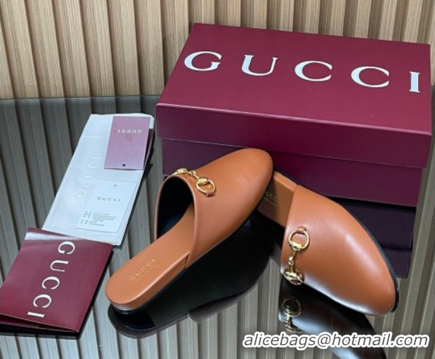 Low Price Gucci Leather Flat Mules with Horsebit Tan Brown 2025 849565
