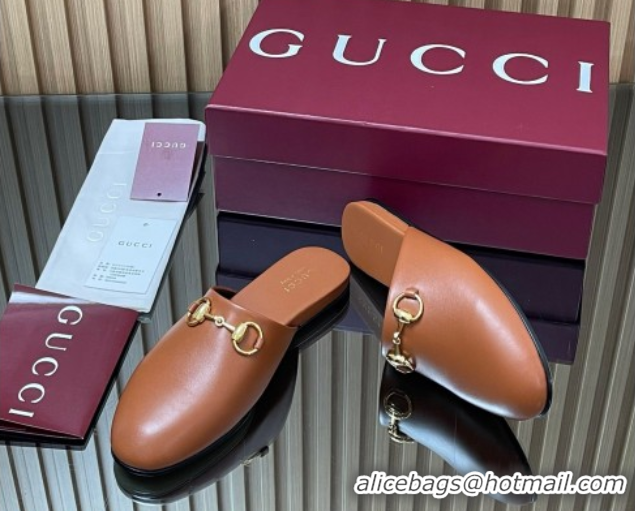Low Price Gucci Leather Flat Mules with Horsebit Tan Brown 2025 849565