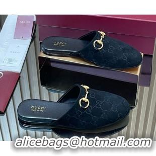 Top Design Gucci GG Suede Flat Mules with Horsebit Black 2025 849565
