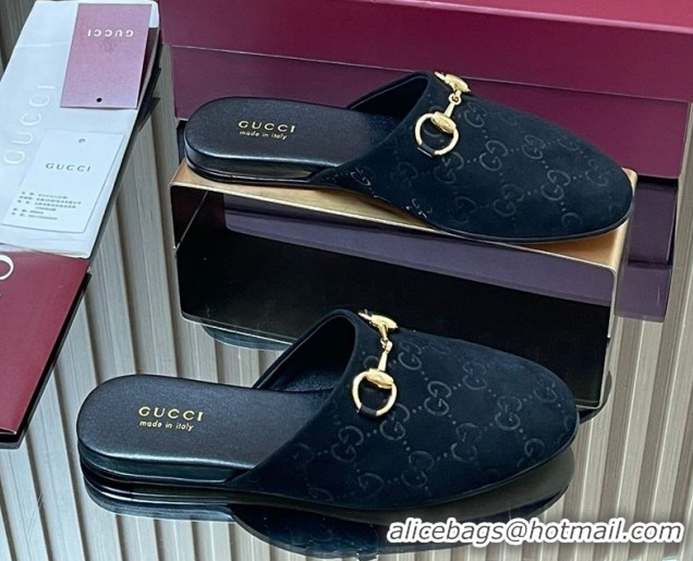 Top Design Gucci GG Suede Flat Mules with Horsebit Black 2025 849565