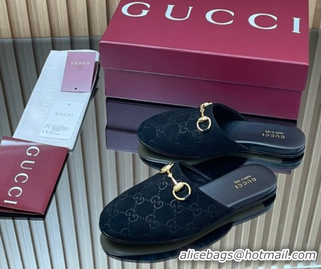 Top Design Gucci GG Suede Flat Mules with Horsebit Black 2025 849565