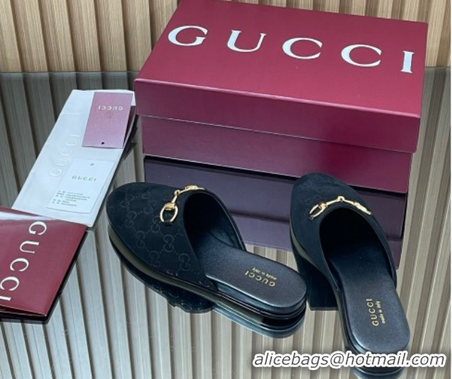 Top Design Gucci GG Suede Flat Mules with Horsebit Black 2025 849565