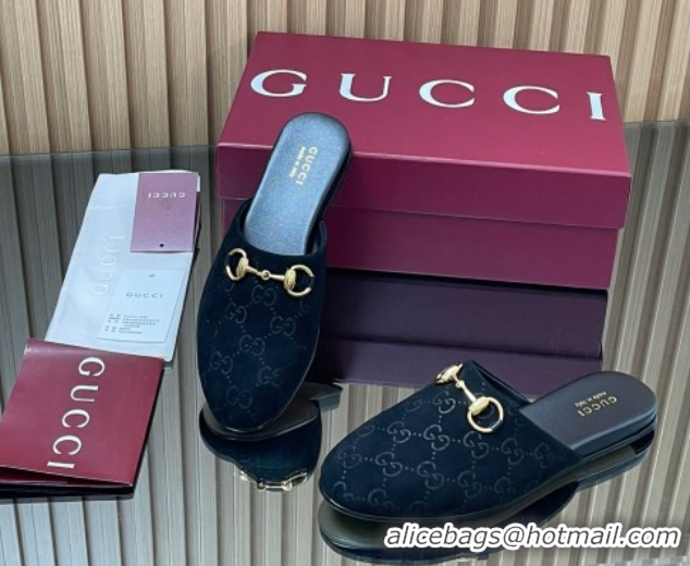 Top Design Gucci GG Suede Flat Mules with Horsebit Black 2025 849565