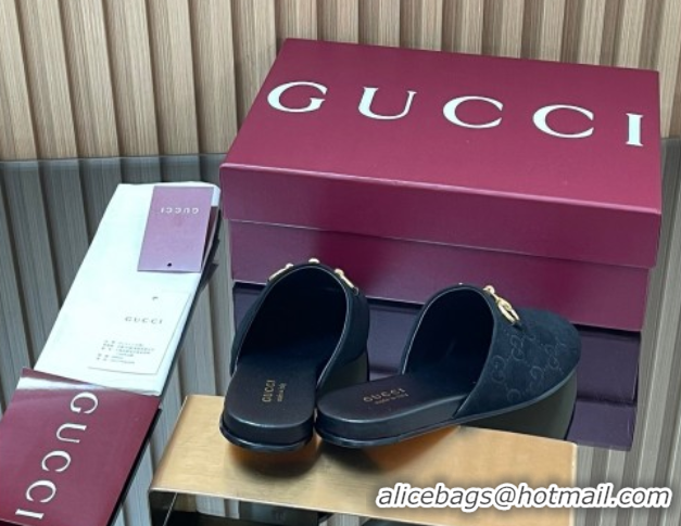 Top Design Gucci GG Suede Flat Mules with Horsebit Black 2025 849565