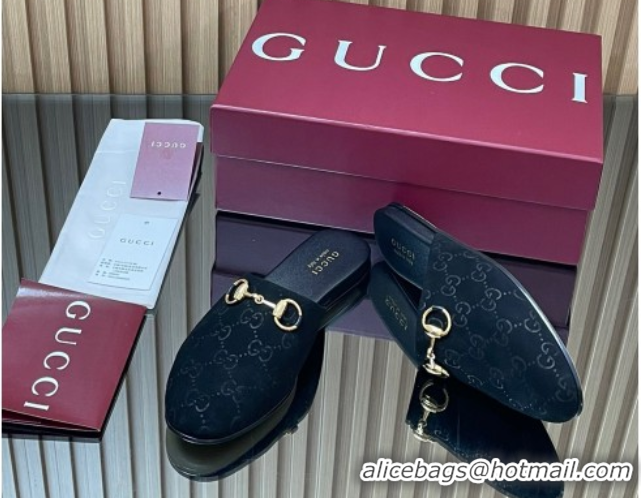 Top Design Gucci GG Suede Flat Mules with Horsebit Black 2025 849565