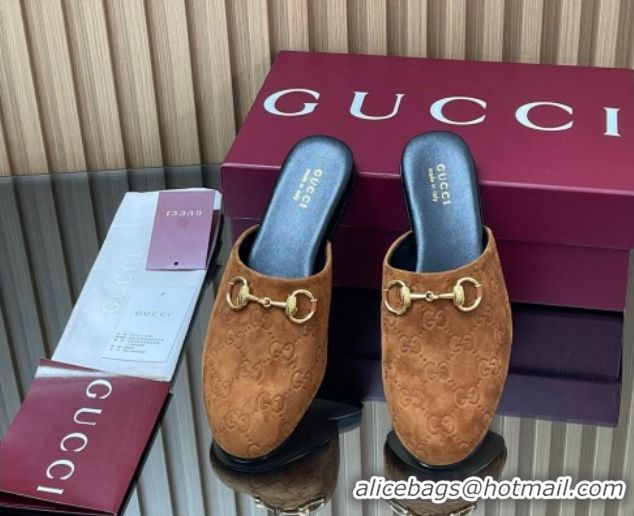 Fashion Gucci GG Suede Flat Mules with Horsebit Light Brown 2025 849565