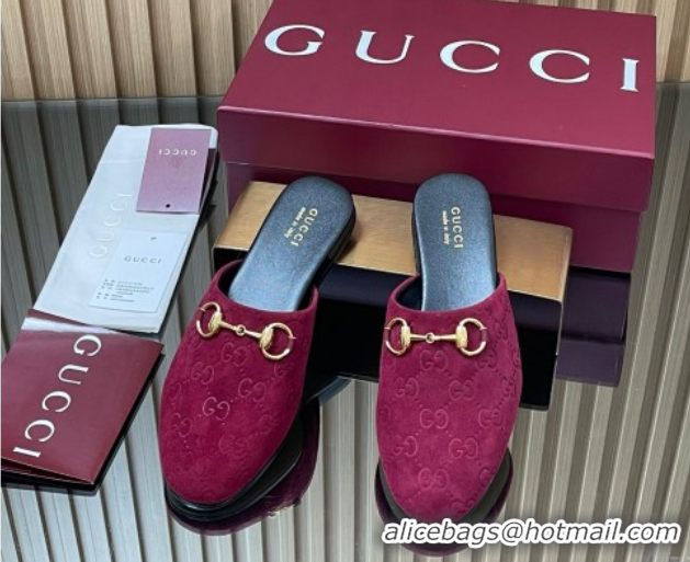Duplicate Gucci GG Suede Flat Mules with Horsebit Ancora Red 2025 849565
