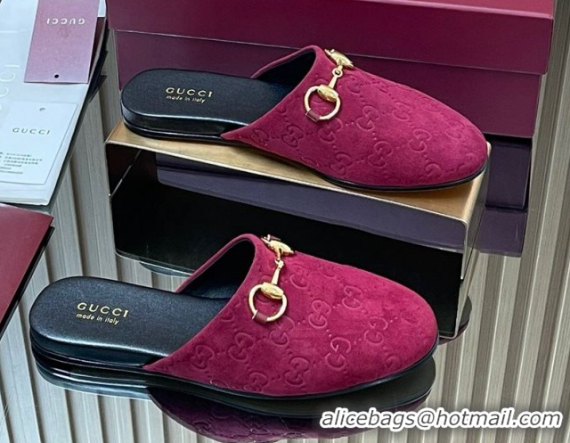 Duplicate Gucci GG Suede Flat Mules with Horsebit Ancora Red 2025 849565