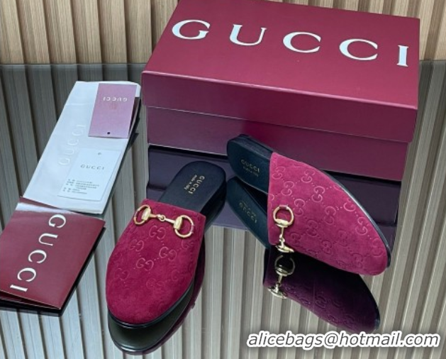 Duplicate Gucci GG Suede Flat Mules with Horsebit Ancora Red 2025 849565