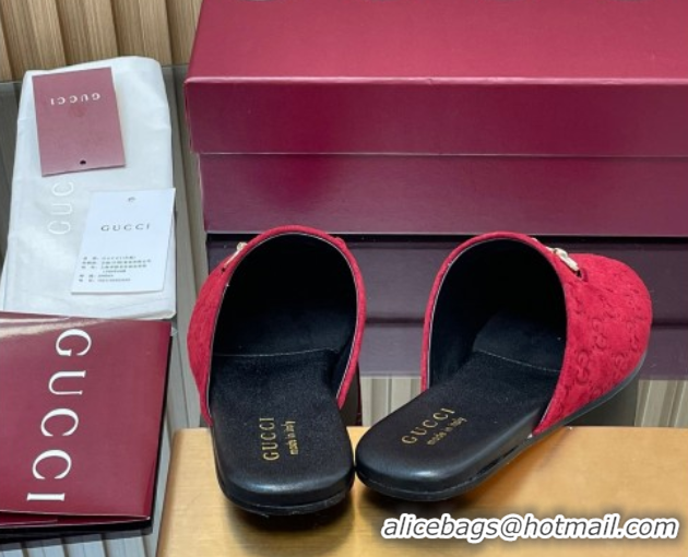 Duplicate Gucci GG Suede Flat Mules with Horsebit Ancora Red 2025 849565