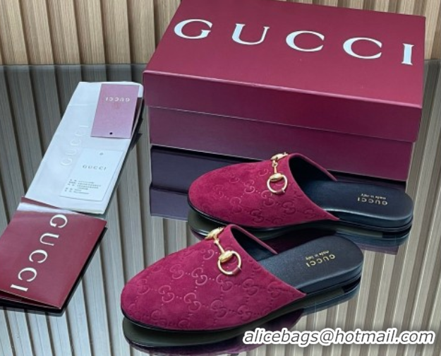 Duplicate Gucci GG Suede Flat Mules with Horsebit Ancora Red 2025 849565