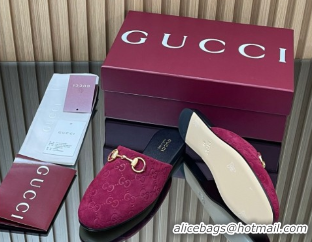 Duplicate Gucci GG Suede Flat Mules with Horsebit Ancora Red 2025 849565