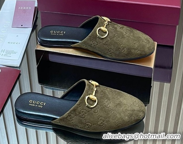 Stylish Gucci GG Suede Flat Mules with Horsebit Green 2025 849565