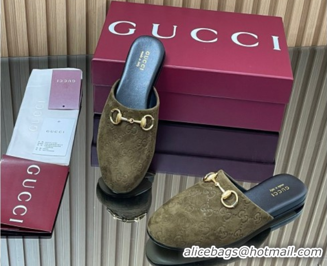 Stylish Gucci GG Suede Flat Mules with Horsebit Green 2025 849565