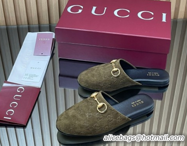 Stylish Gucci GG Suede Flat Mules with Horsebit Green 2025 849565