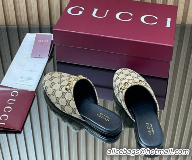 Unique Style Gucci GG Canvas Flat Mules with Horsebit Beige 2025 849565
