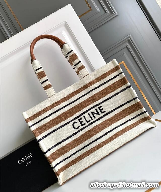 Unique Grade Celine Jacquard Striped Large Cabas Thais 196762 White/Brown 2025