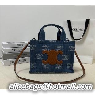 Top Quality Celine Small Cabas Thais Tote Bag in Triomphe Embroidered Denim 199162 Blue 2024