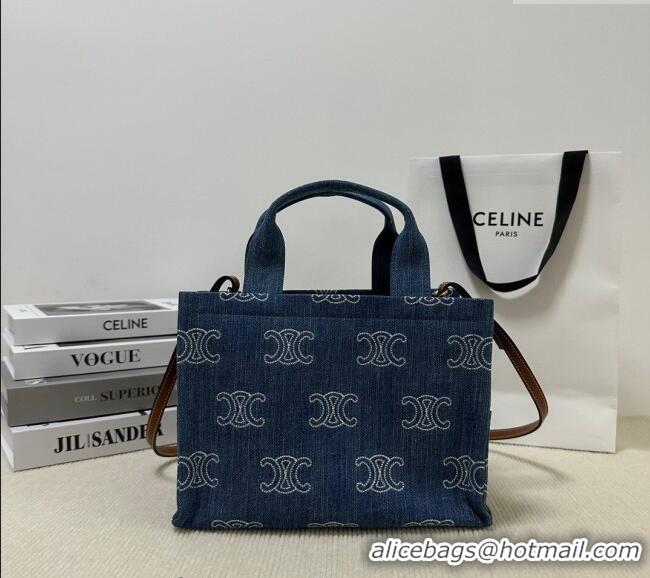 Top Quality Celine Small Cabas Thais Tote Bag in Triomphe Embroidered Denim 199162 Blue 2024