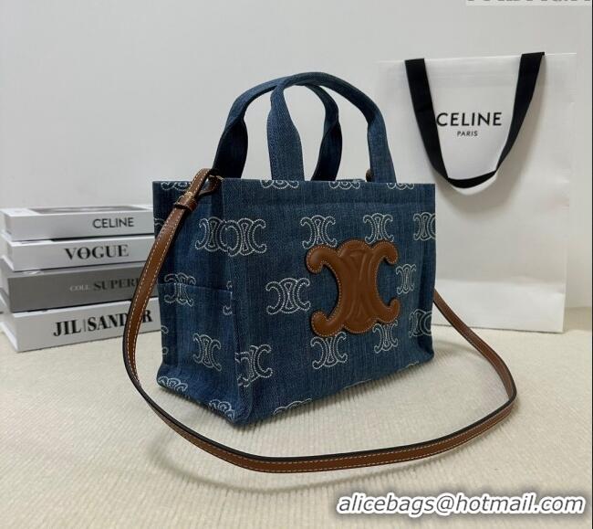 Top Quality Celine Small Cabas Thais Tote Bag in Triomphe Embroidered Denim 199162 Blue 2024