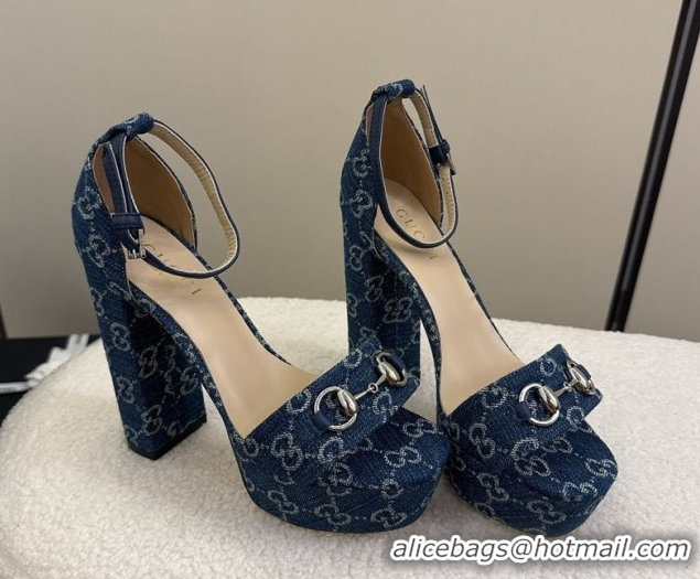 Perfect Gucci GG Denim Platform Sandals with Horsebit Blue 2025 GG082806