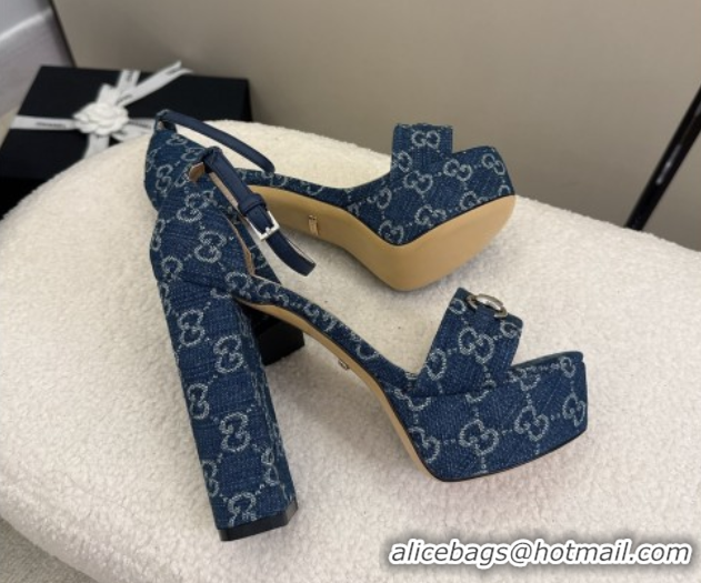 Perfect Gucci GG Denim Platform Sandals with Horsebit Blue 2025 GG082806