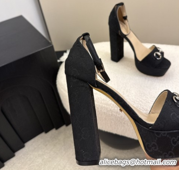 Top Grade Gucci GG Canvas Platform Sandals with Horsebit Black 2025 GG082806