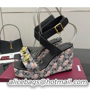 Classic Hot Gucci Flora GG Canvas and Leather Wedge Sandals 10cm with Horsebit and Ankle Strap Black 0828133