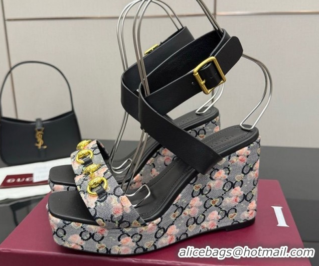 Classic Hot Gucci Flora GG Canvas and Leather Wedge Sandals 10cm with Horsebit and Ankle Strap Black 0828133