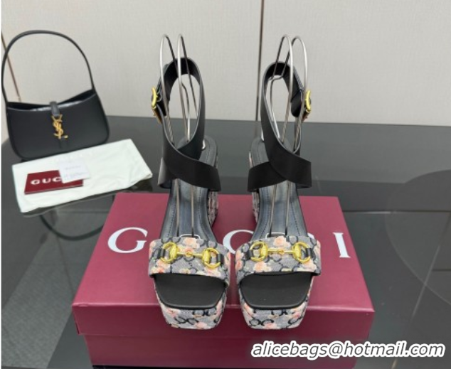 Classic Hot Gucci Flora GG Canvas and Leather Wedge Sandals 10cm with Horsebit and Ankle Strap Black 0828133