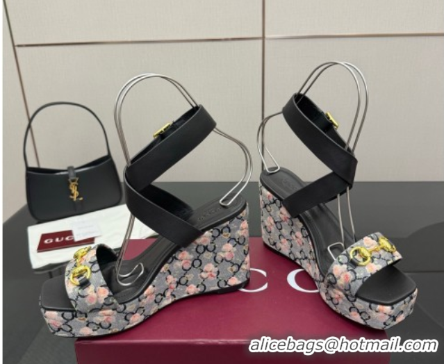 Classic Hot Gucci Flora GG Canvas and Leather Wedge Sandals 10cm with Horsebit and Ankle Strap Black 0828133