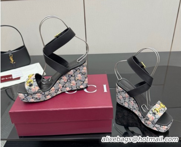 Classic Hot Gucci Flora GG Canvas and Leather Wedge Sandals 10cm with Horsebit and Ankle Strap Black 0828133