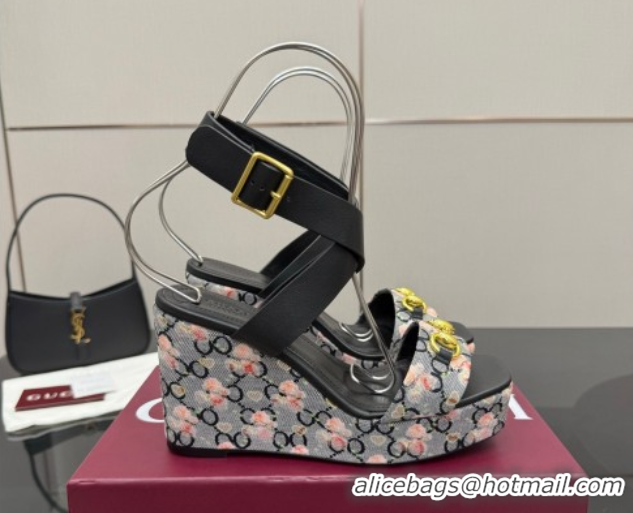 Classic Hot Gucci Flora GG Canvas and Leather Wedge Sandals 10cm with Horsebit and Ankle Strap Black 0828133