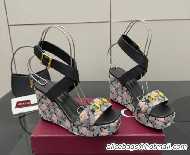 Classic Hot Gucci Flora GG Canvas and Leather Wedge Sandals 10cm with Horsebit and Ankle Strap Black 0828133