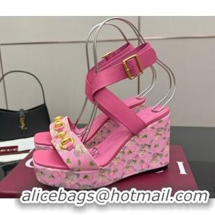 Grade Quality Gucci Flora GG Canvas and Leather Wedge Sandals 10cm with Horsebit and Ankle Strap Pink 0828134