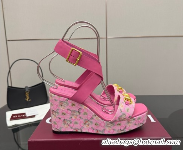 Grade Quality Gucci Flora GG Canvas and Leather Wedge Sandals 10cm with Horsebit and Ankle Strap Pink 0828134