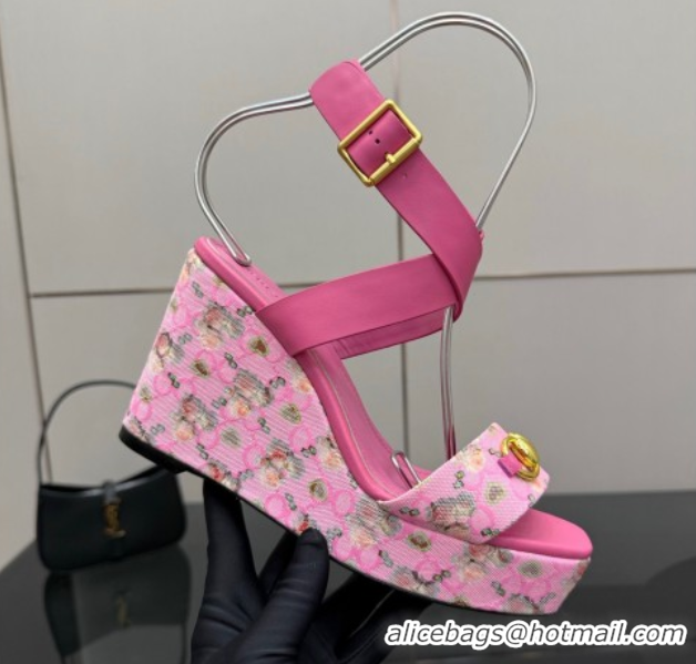 Grade Quality Gucci Flora GG Canvas and Leather Wedge Sandals 10cm with Horsebit and Ankle Strap Pink 0828134