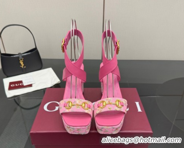 Grade Quality Gucci Flora GG Canvas and Leather Wedge Sandals 10cm with Horsebit and Ankle Strap Pink 0828134